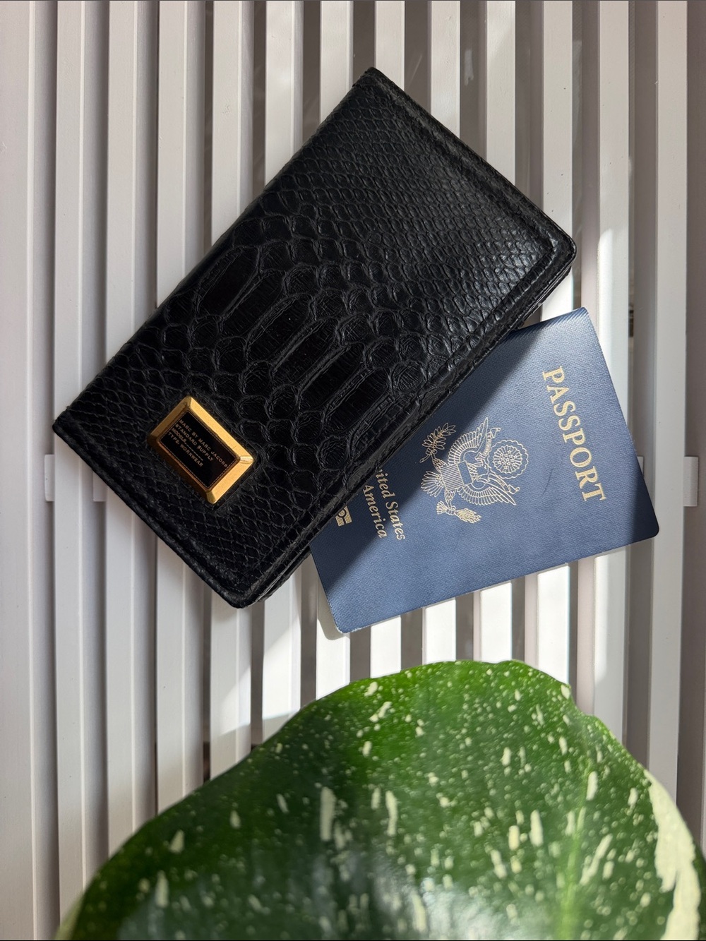 Marc by Marc Jacobs Black Croc-Embossed Passport Wallet with Gold Plaque